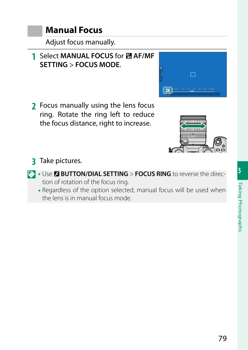 Manual focus | FujiFilm X-S10 Mirrorless Camera User Manual | Page 103 / 354