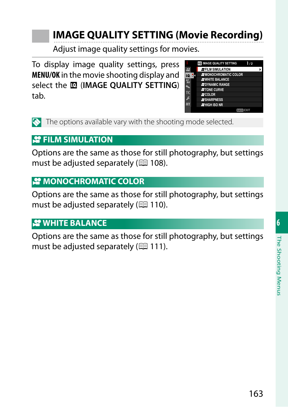 Image quality setting (movie recording) | FujiFilm X-S10 Mirrorless Camera User Manual | Page 187 / 354
