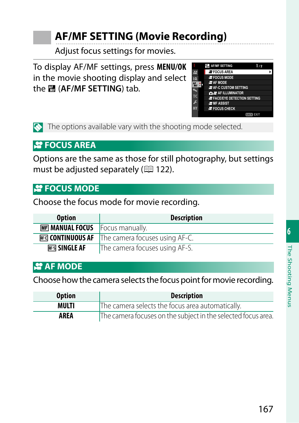 Af/mf setting (movie recording) | FujiFilm X-S10 Mirrorless Camera User Manual | Page 191 / 354