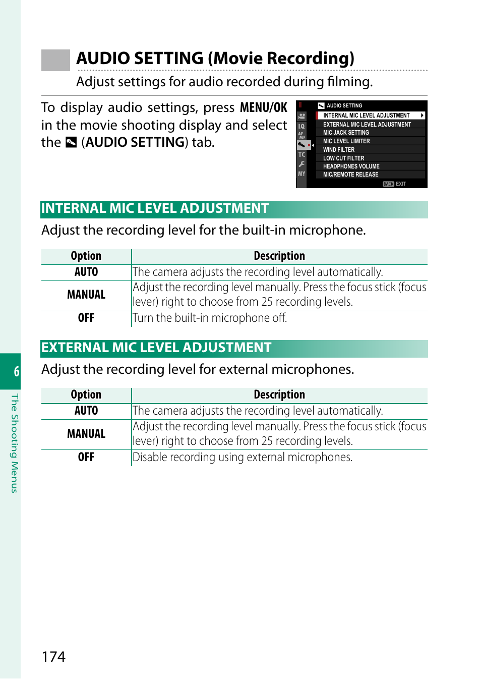 Audio setting (movie recording) | FujiFilm X-S10 Mirrorless Camera User Manual | Page 198 / 354