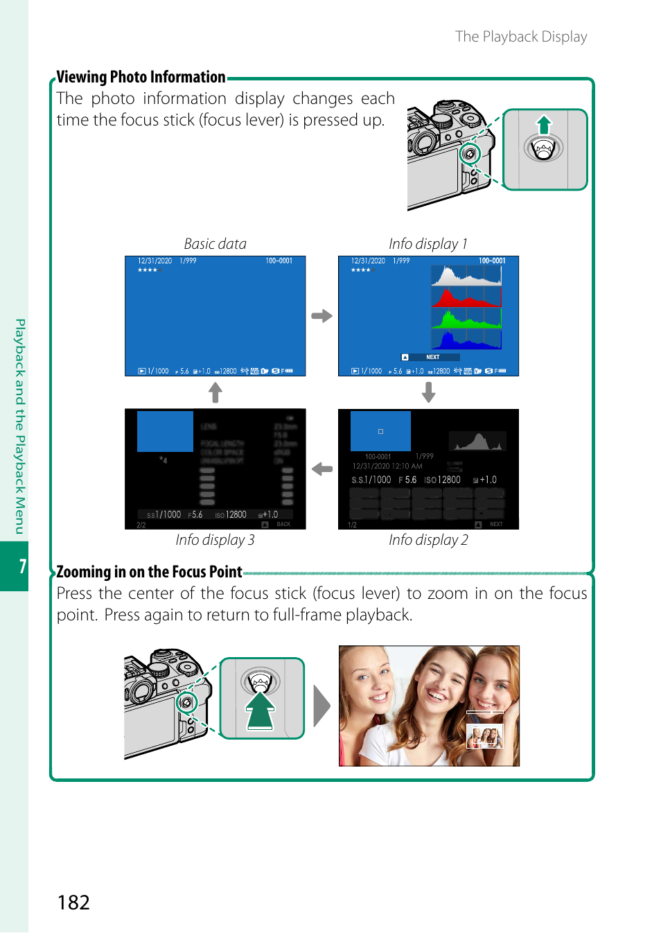 The playback display, Basic data info display 1, Info display 3 info display 2 | FujiFilm X-S10 Mirrorless Camera User Manual | Page 206 / 354