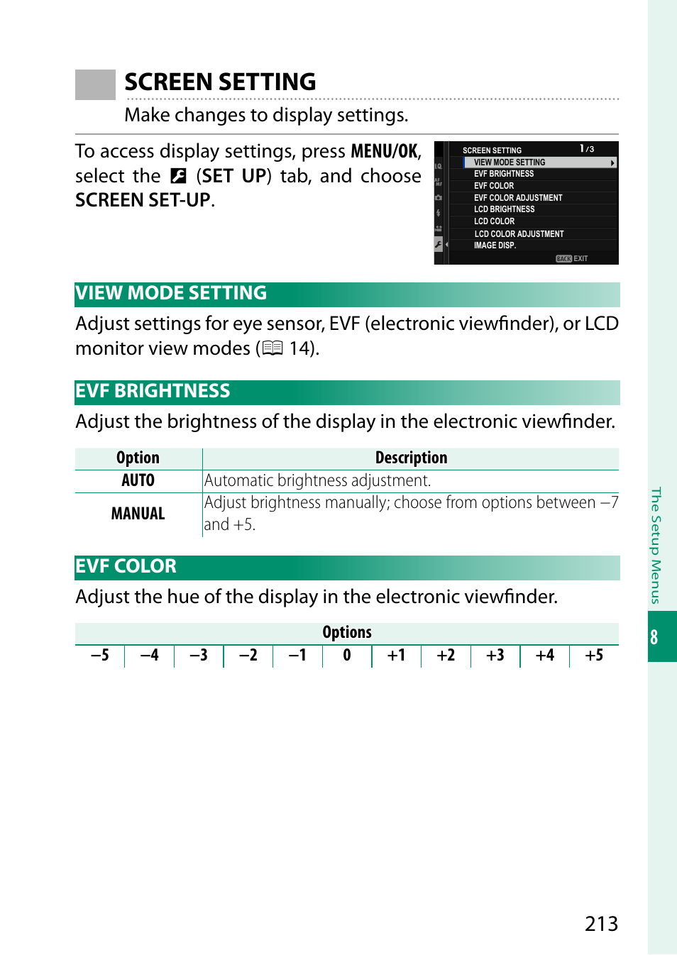 Ting, Vf brightness, Screen setting | FujiFilm X-S10 Mirrorless Camera User Manual | Page 237 / 354