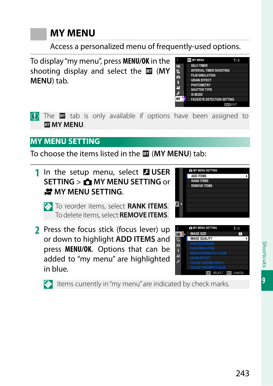 My menu | FujiFilm X-S10 Mirrorless Camera User Manual | Page 267 / 354