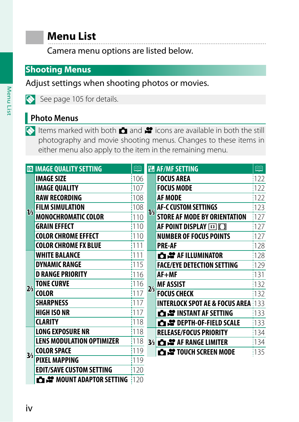 Menu list | FujiFilm X-S10 Mirrorless Camera User Manual | Page 4 / 354