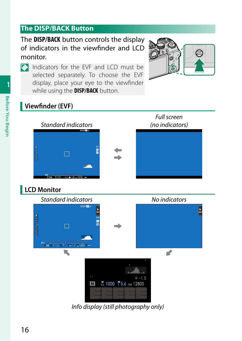 Viewﬁ nder (evf), Lcd monitor, Standard indicators full screen (no indicators) | FujiFilm X-S10 Mirrorless Camera User Manual | Page 40 / 354