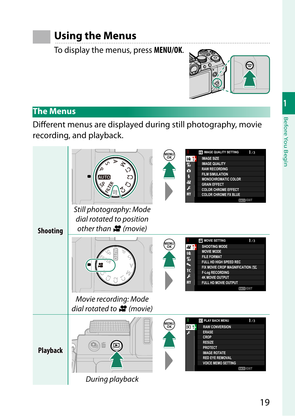 Using the menus, Shooting, During playback | FujiFilm X-S10 Mirrorless Camera User Manual | Page 43 / 354