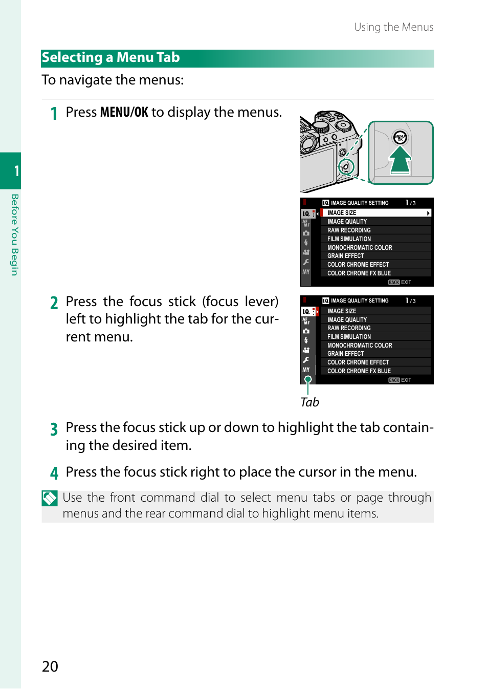 Selecting a menu tab to navigate the menus, Press menu/ok to display the menus | FujiFilm X-S10 Mirrorless Camera User Manual | Page 44 / 354
