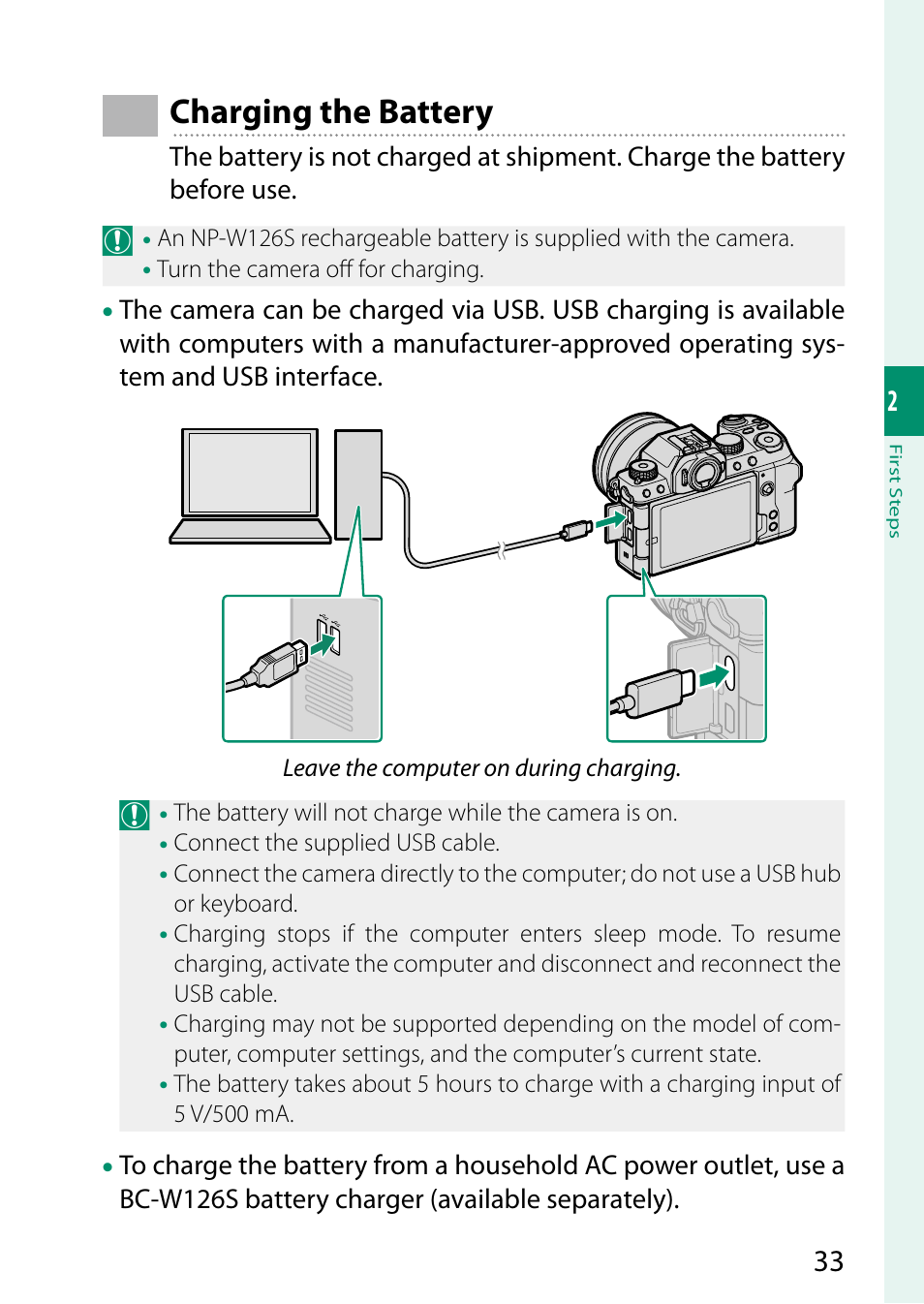 Charging the battery | FujiFilm X-S10 Mirrorless Camera User Manual | Page 57 / 354