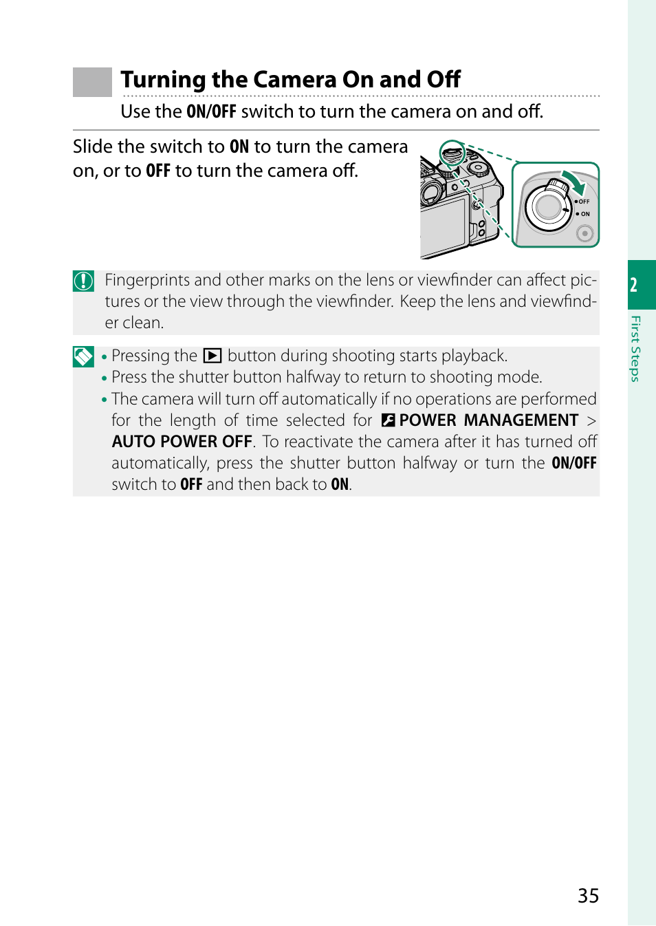 Turning the camera on and off | FujiFilm X-S10 Mirrorless Camera User Manual | Page 59 / 354