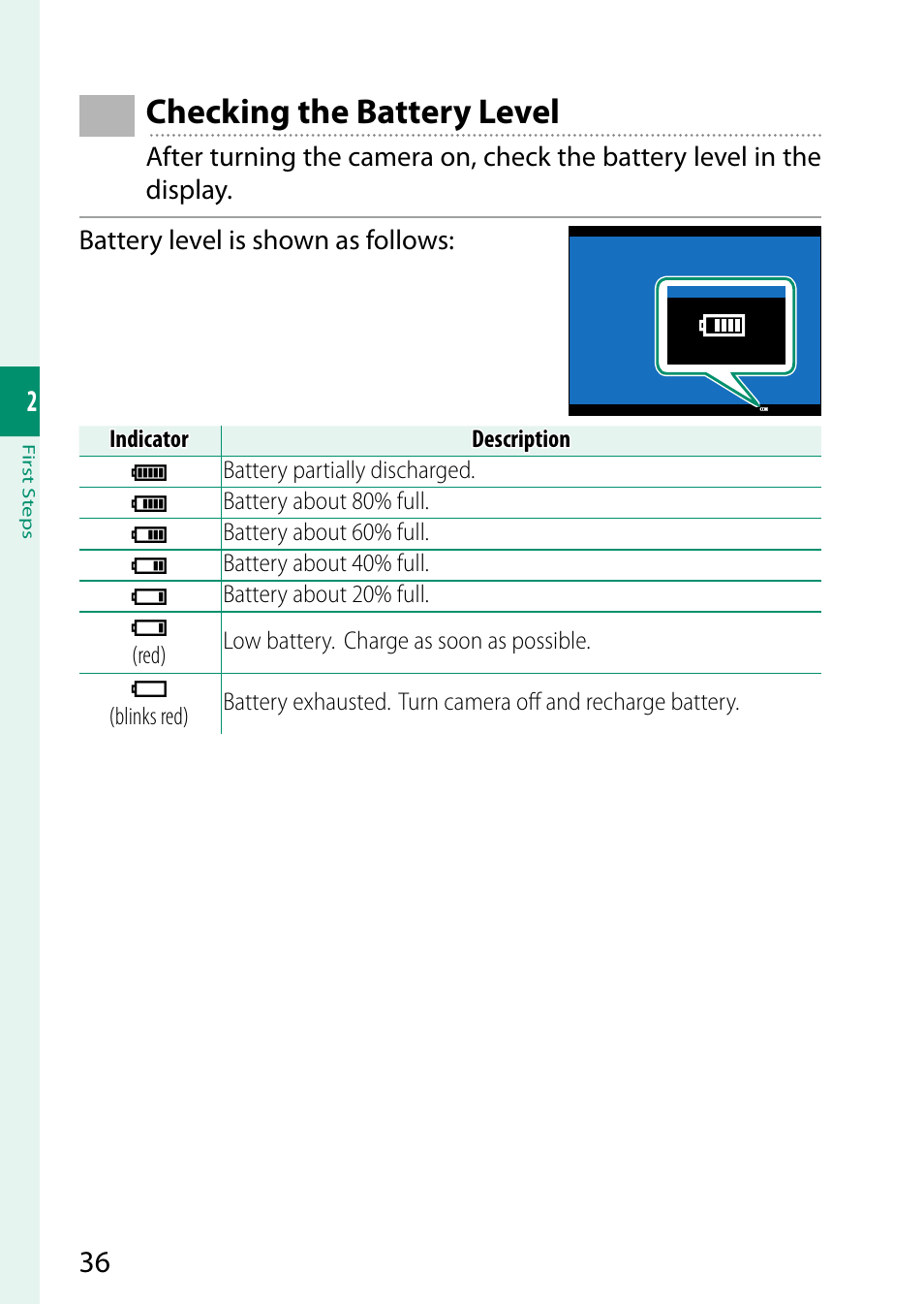 Checking the battery level | FujiFilm X-S10 Mirrorless Camera User Manual | Page 60 / 354