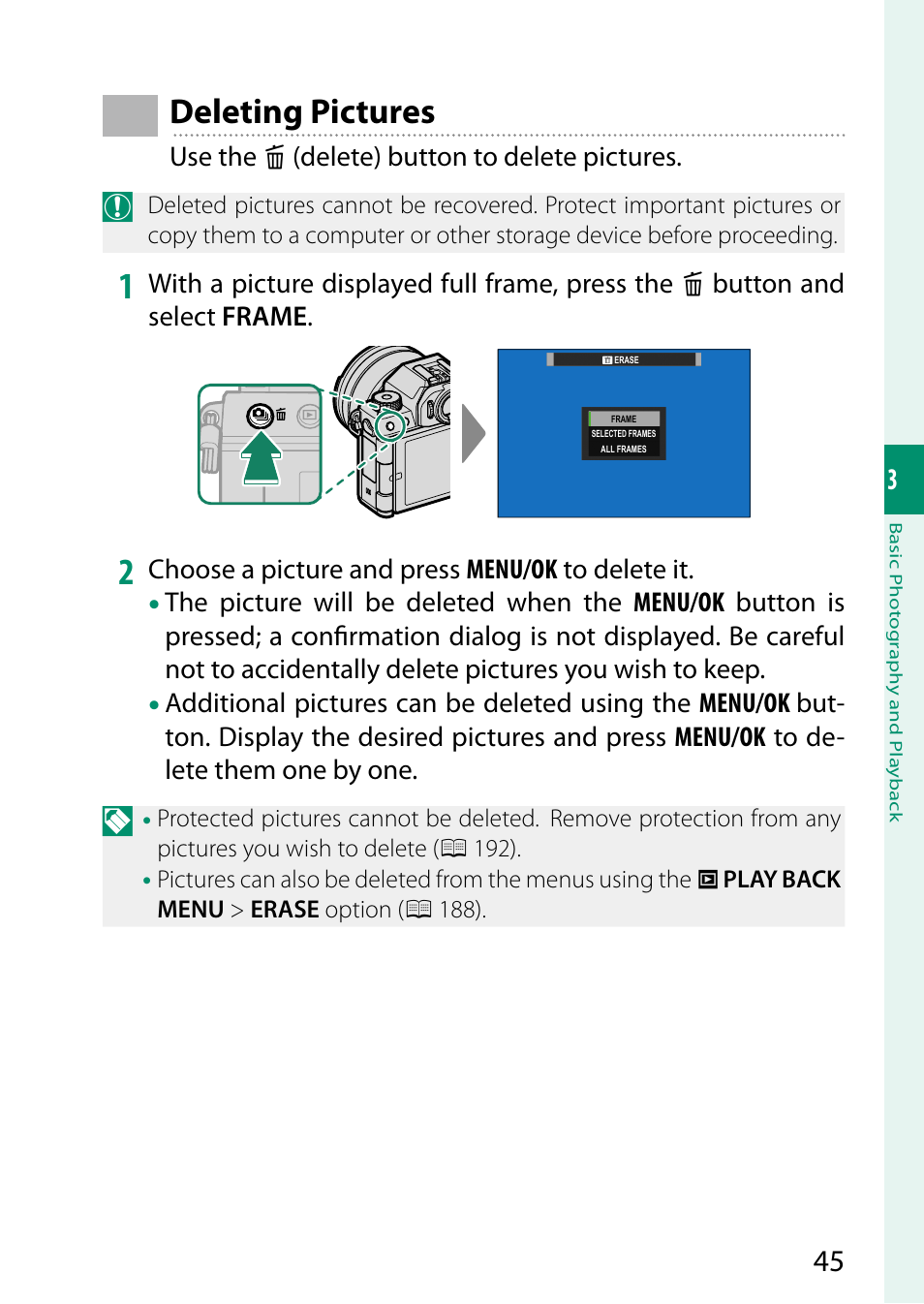 Deleting pictures | FujiFilm X-S10 Mirrorless Camera User Manual | Page 69 / 354