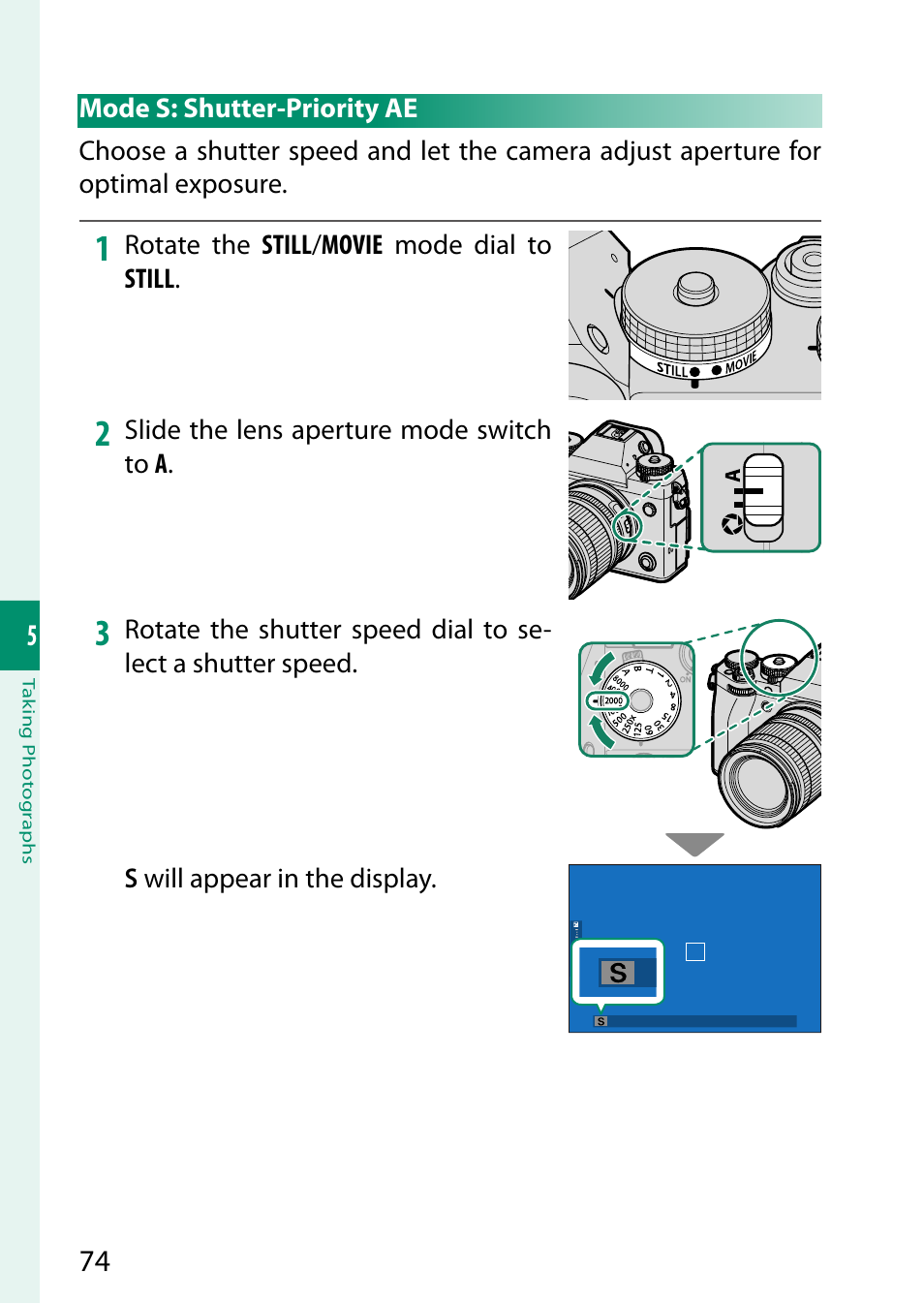 Mode s: shutter-priority ae | FujiFilm X-T5 Mirrorless Camera (Silver) User Manual | Page 100 / 432