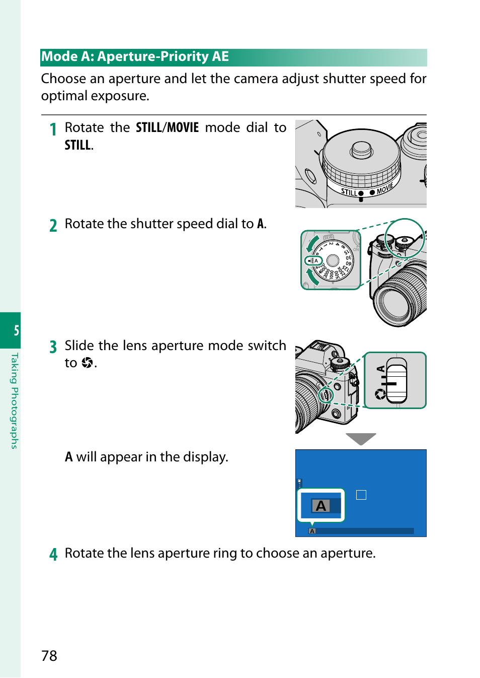 Mode a: aperture-priority ae | FujiFilm X-T5 Mirrorless Camera (Silver) User Manual | Page 104 / 432