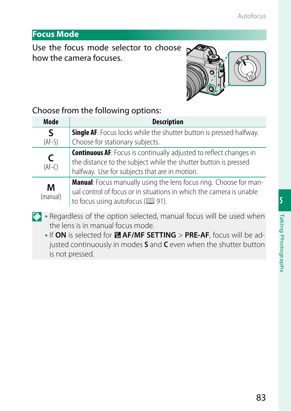 Focus mode | FujiFilm X-T5 Mirrorless Camera (Silver) User Manual | Page 109 / 432