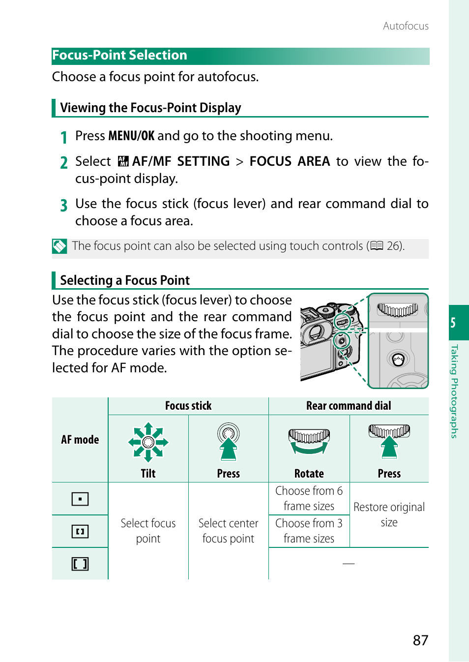 Focus-point selection | FujiFilm X-T5 Mirrorless Camera (Silver) User Manual | Page 113 / 432