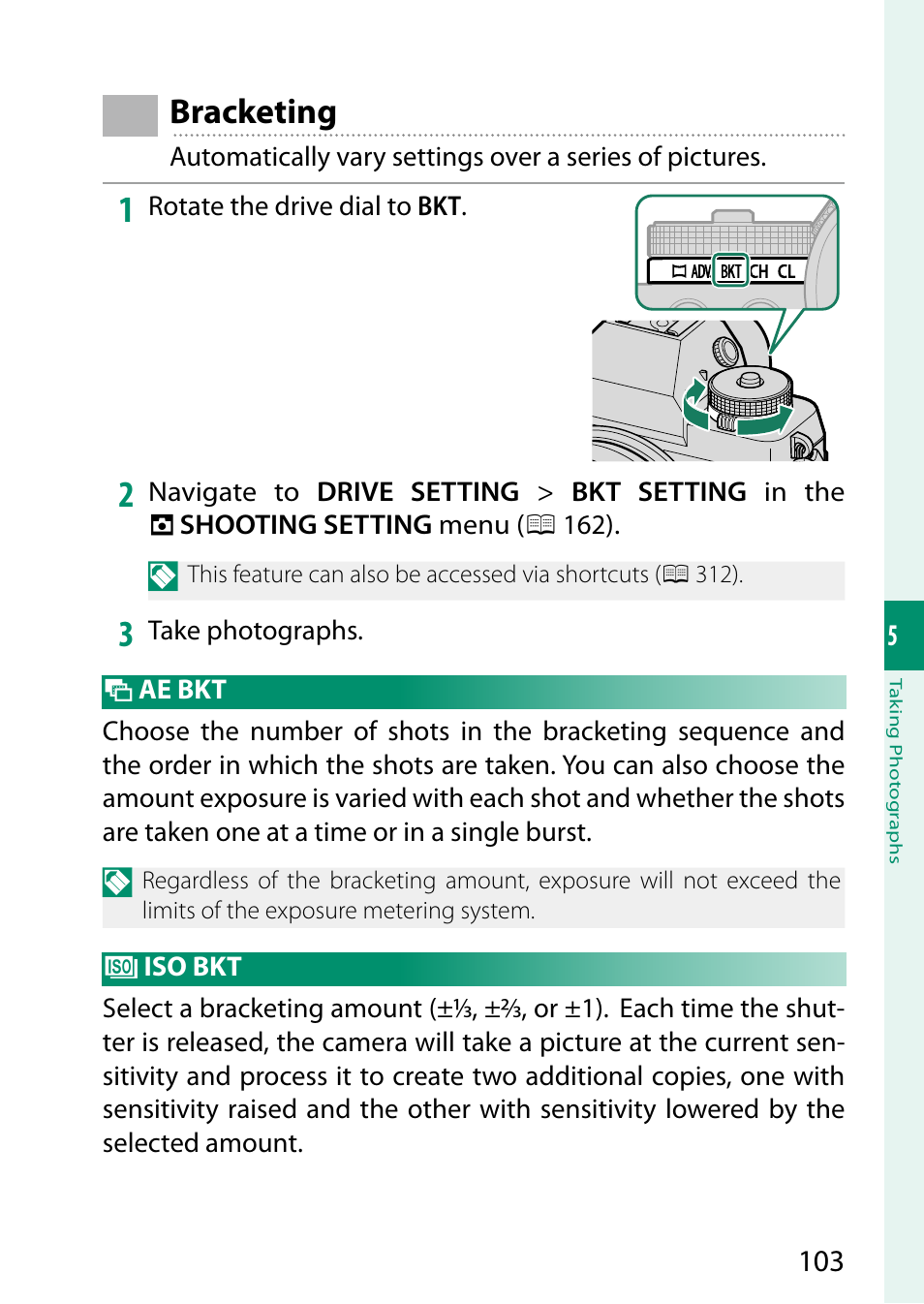 Bracketing, Ae bkt, Iso bkt | FujiFilm X-T5 Mirrorless Camera (Silver) User Manual | Page 129 / 432
