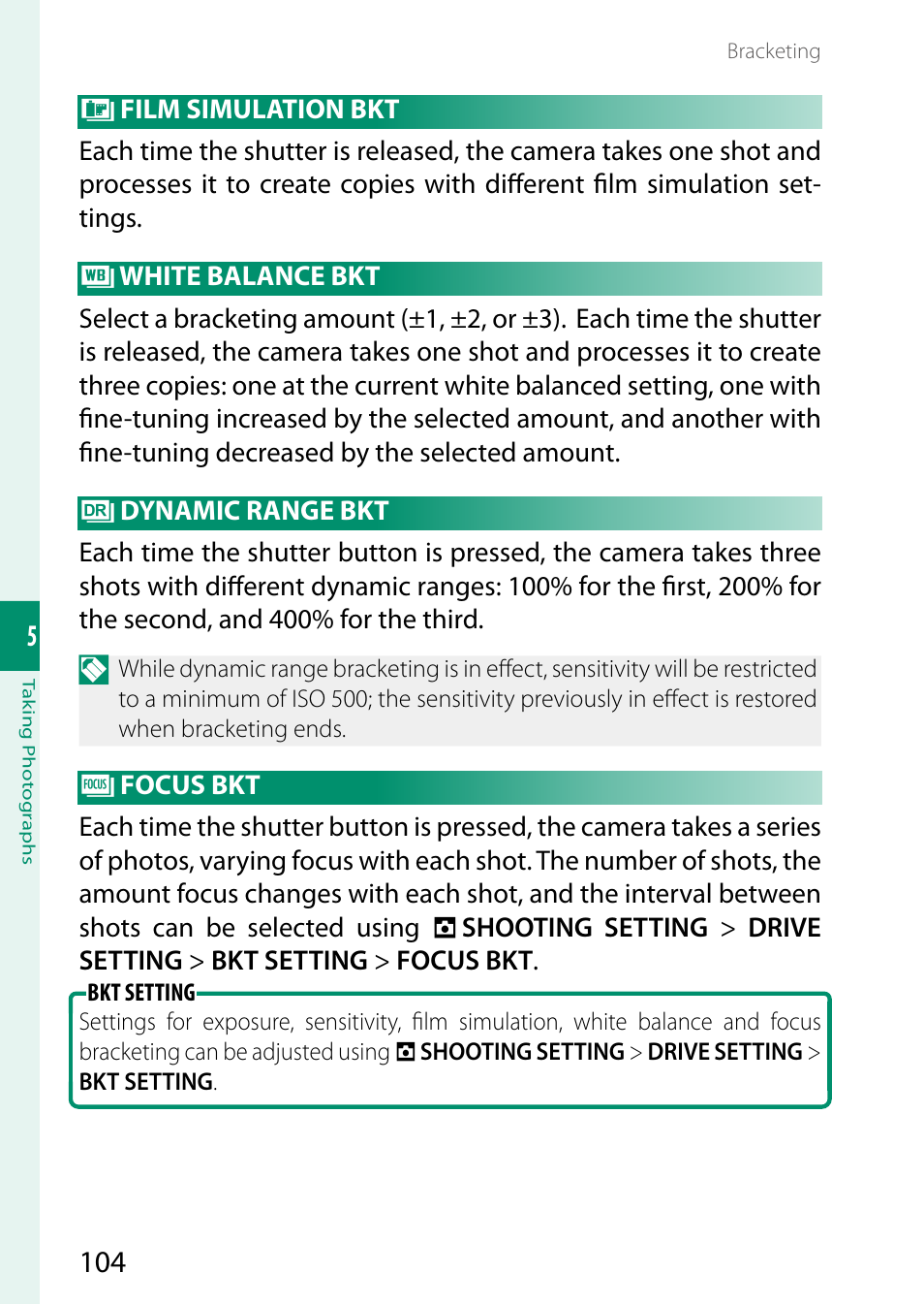 Film simulation bkt, White balance bkt, Dynamic range bkt | Focus bkt | FujiFilm X-T5 Mirrorless Camera (Silver) User Manual | Page 130 / 432