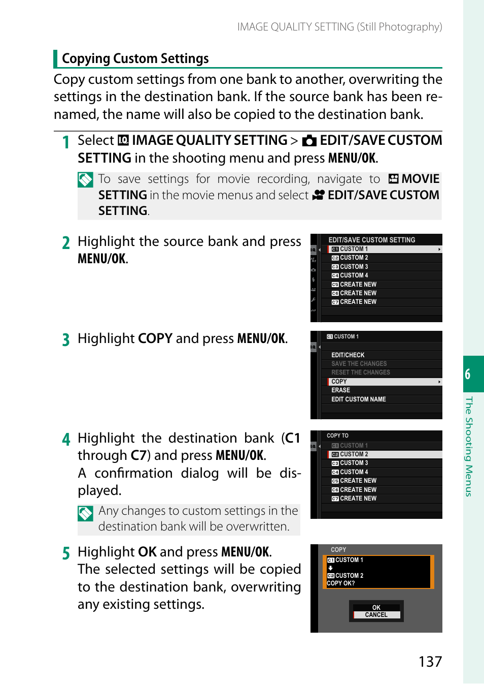 Highlight the source bank and press menu/ok, Highlight copy and press menu/ok | FujiFilm X-T5 Mirrorless Camera (Silver) User Manual | Page 163 / 432