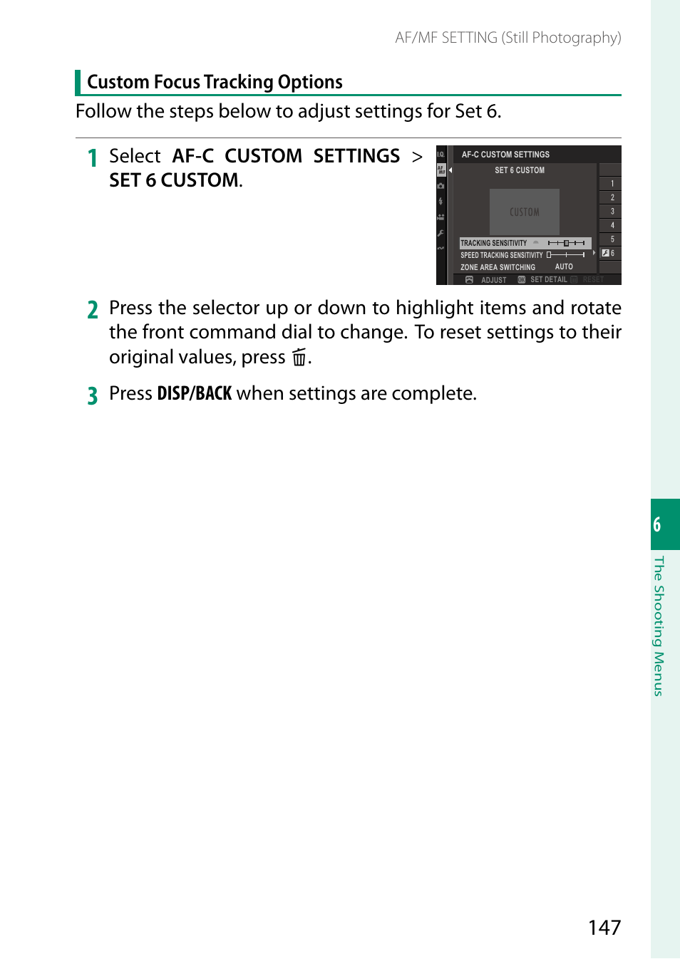 Select af-c custom settings > set 6 custom, Press disp/back when settings are complete | FujiFilm X-T5 Mirrorless Camera (Silver) User Manual | Page 173 / 432