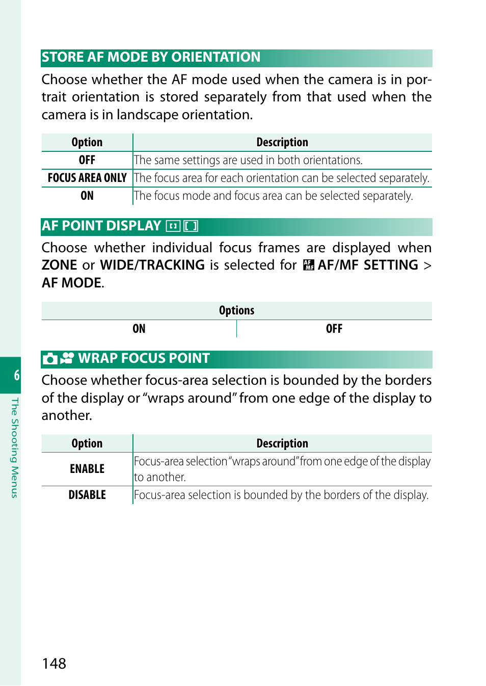Store af mode by orientation, Af point display, Wrap focus point | Store af mode by orientation af point display | FujiFilm X-T5 Mirrorless Camera (Silver) User Manual | Page 174 / 432