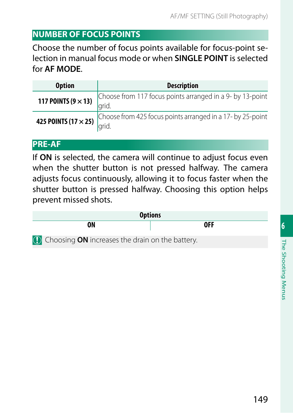 Number of focus points, Pre-af | FujiFilm X-T5 Mirrorless Camera (Silver) User Manual | Page 175 / 432