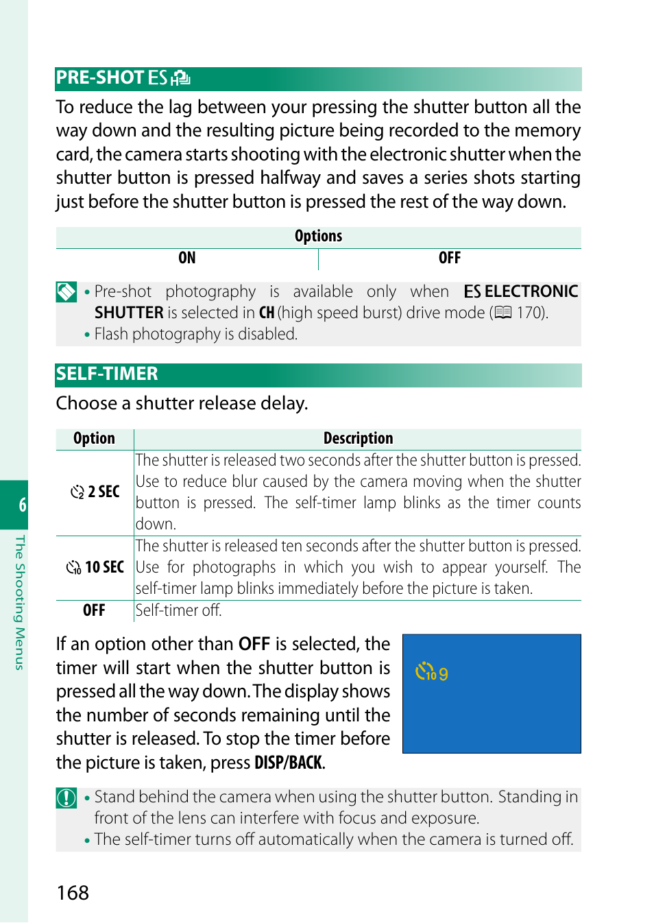 Pre-shot, Self-timer | FujiFilm X-T5 Mirrorless Camera (Silver) User Manual | Page 194 / 432