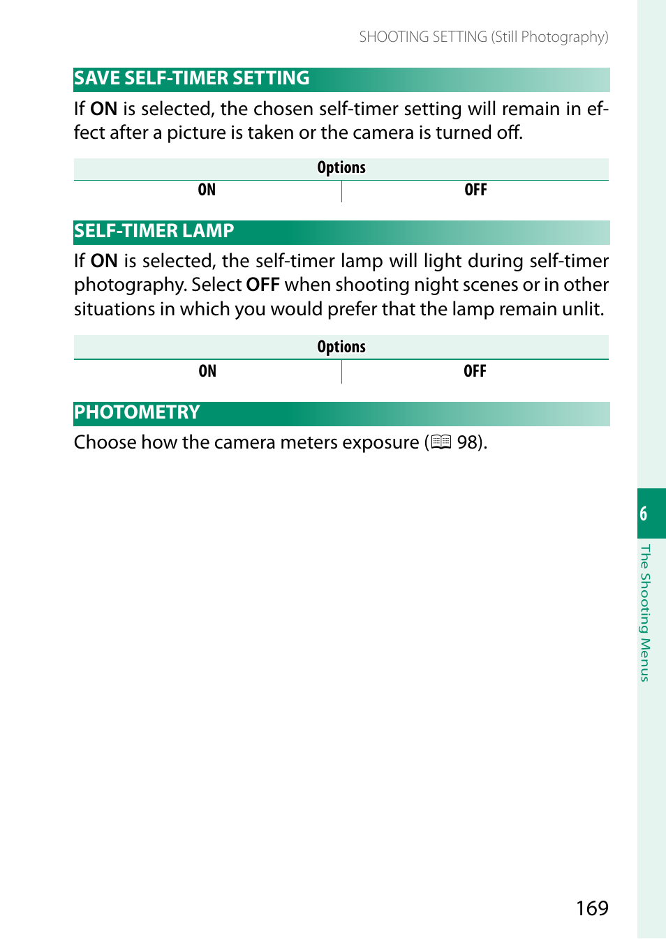 Save self-timer setting, Self-timer lamp, Photometry | Save self-timer setting self-timer lamp photometry | FujiFilm X-T5 Mirrorless Camera (Silver) User Manual | Page 195 / 432