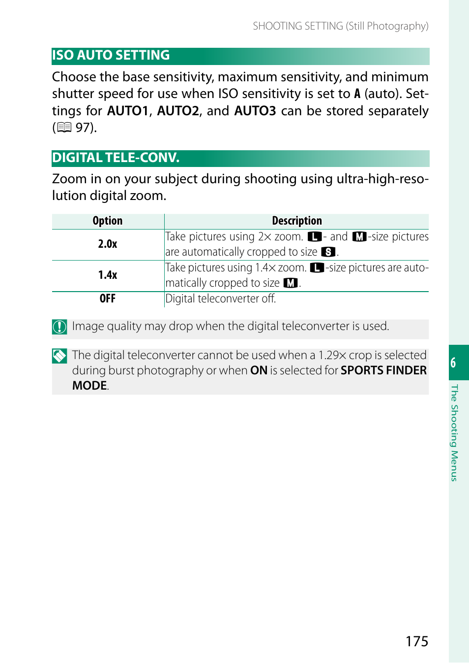 Iso auto setting, Digital tele-conv, Iso auto setting digital tele-conv | FujiFilm X-T5 Mirrorless Camera (Silver) User Manual | Page 201 / 432