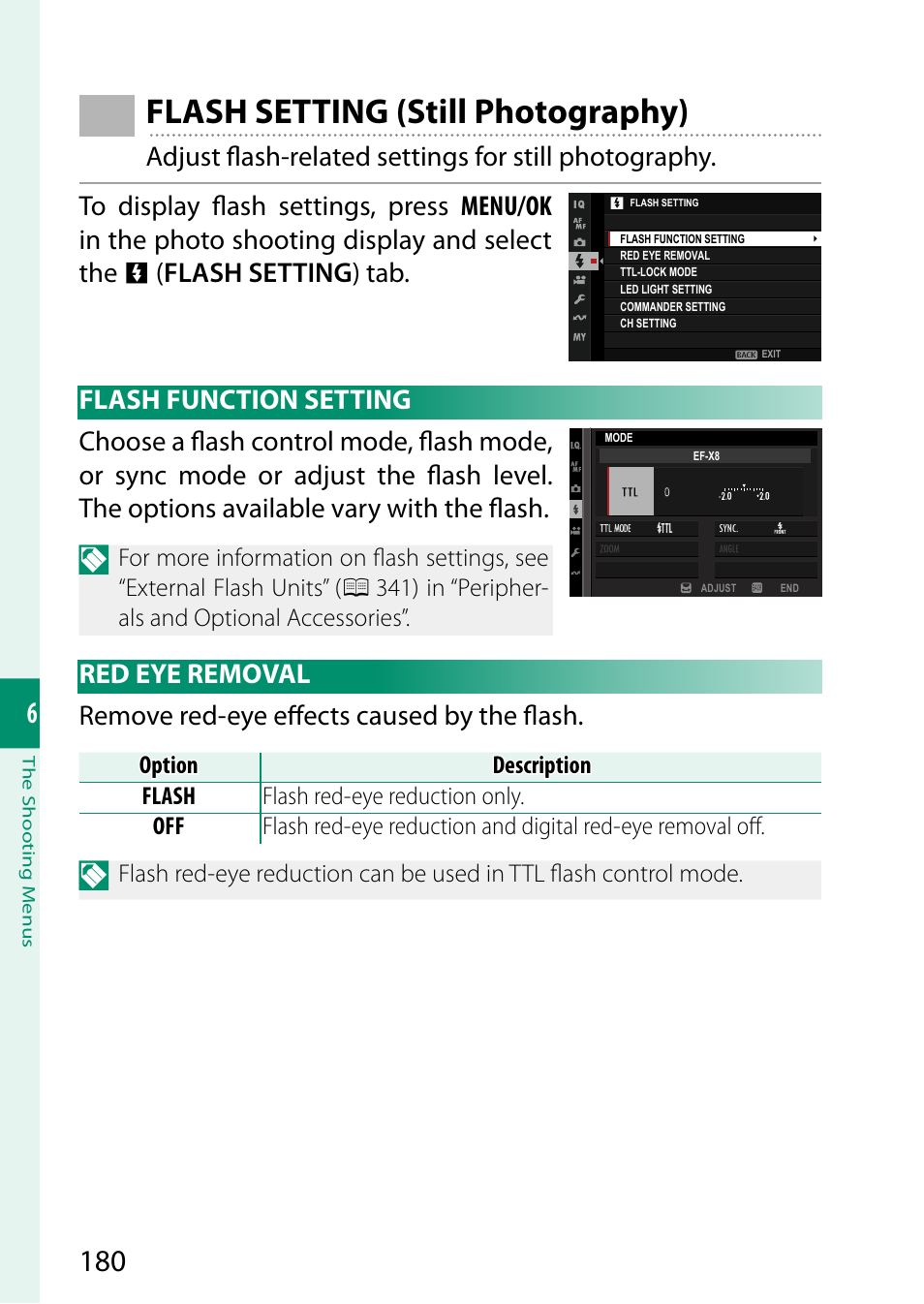 Flash setting (still photography), Flash function setting, Red eye removal | Flash function setting red eye removal | FujiFilm X-T5 Mirrorless Camera (Silver) User Manual | Page 206 / 432