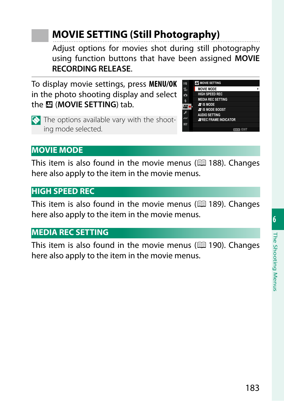 Movie setting (still photography), Movie mode, High speed rec | Media rec setting, Movie mode high speed rec media rec setting | FujiFilm X-T5 Mirrorless Camera (Silver) User Manual | Page 209 / 432