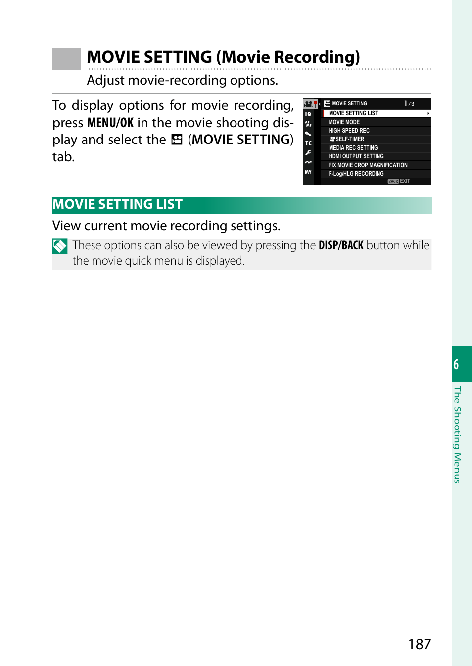 Movie setting (movie recording), Movie setting list | FujiFilm X-T5 Mirrorless Camera (Silver) User Manual | Page 213 / 432