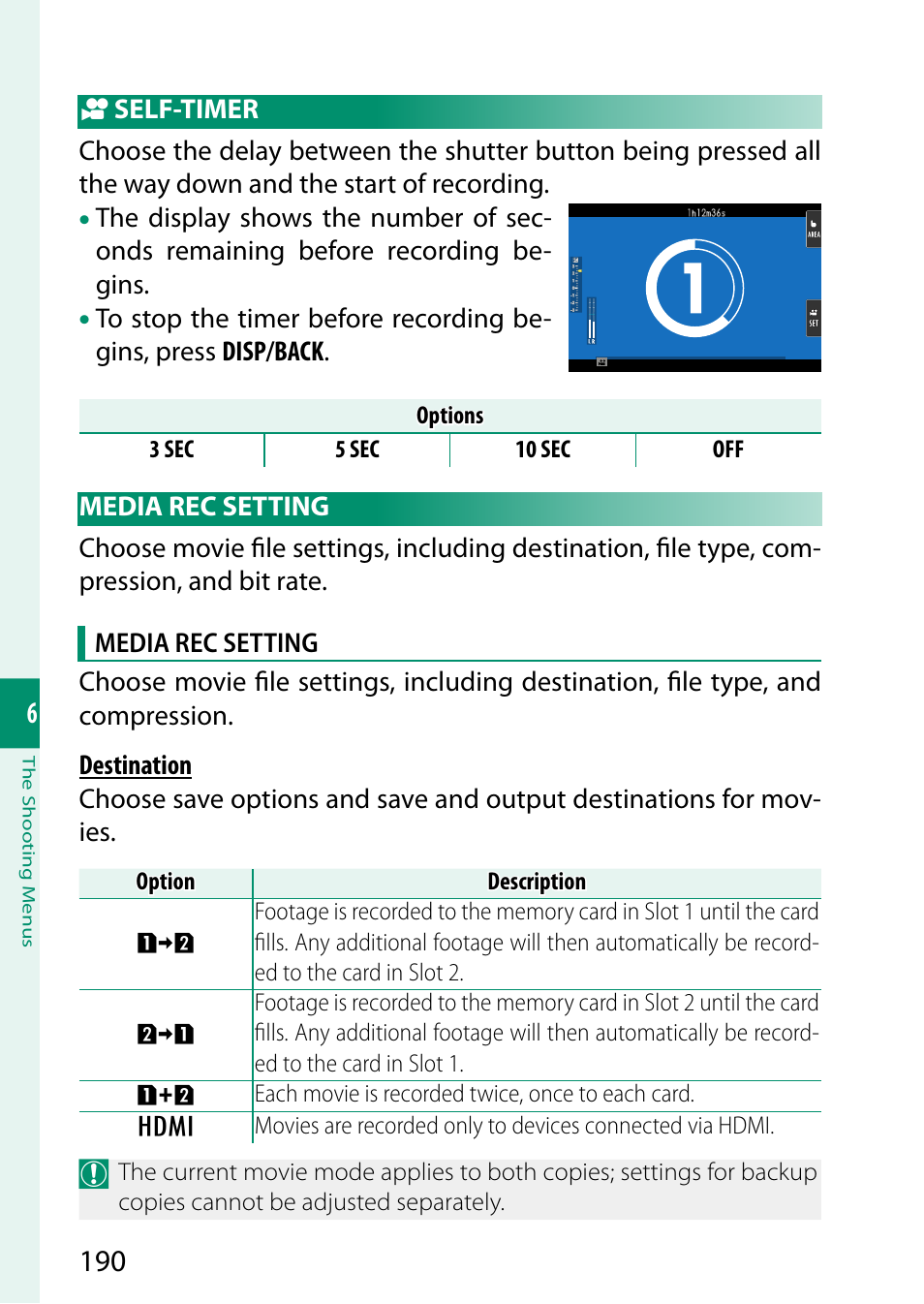 Self-timer, Media rec setting | FujiFilm X-T5 Mirrorless Camera (Silver) User Manual | Page 216 / 432