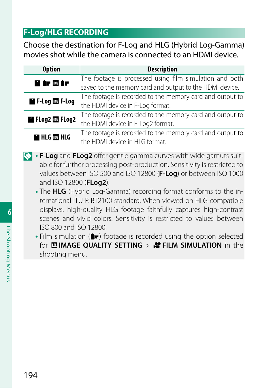 F-log/hlg recording | FujiFilm X-T5 Mirrorless Camera (Silver) User Manual | Page 220 / 432