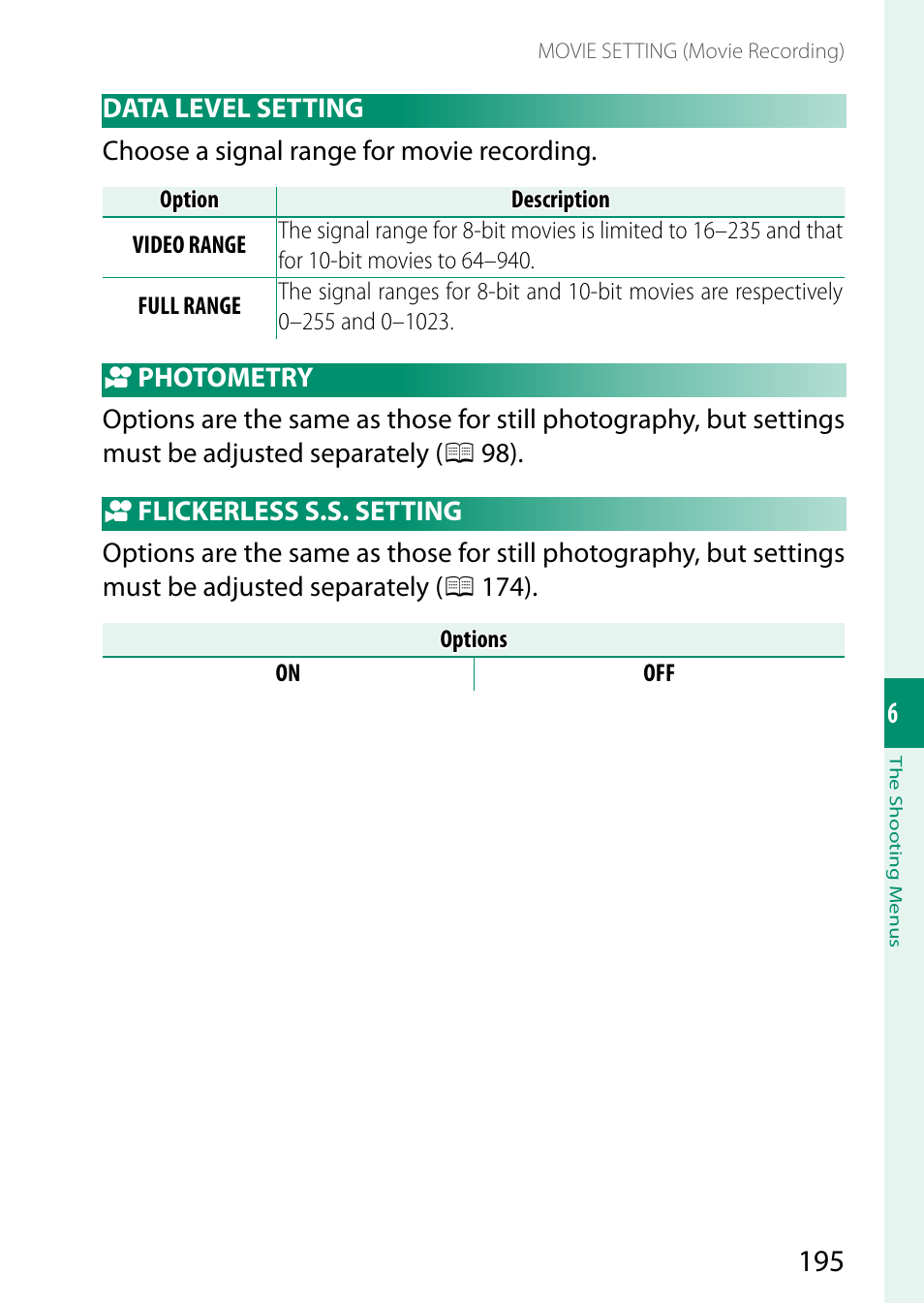 Data level setting, Photometry, Flickerless s.s. setting | FujiFilm X-T5 Mirrorless Camera (Silver) User Manual | Page 221 / 432
