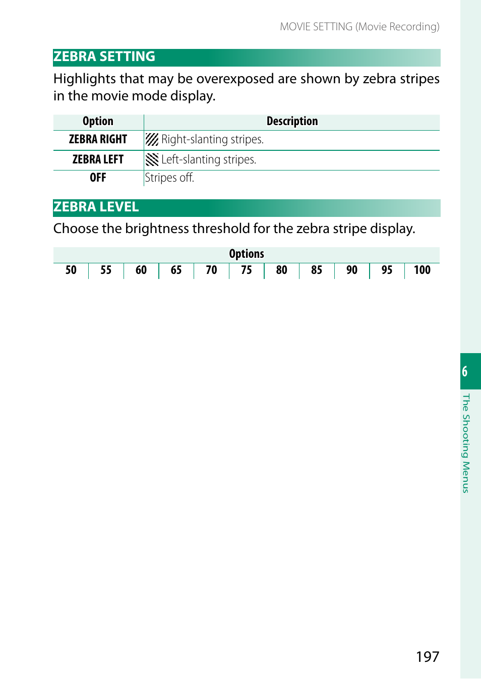 Zebra setting, Zebra level, Zebra setting zebra level | FujiFilm X-T5 Mirrorless Camera (Silver) User Manual | Page 223 / 432