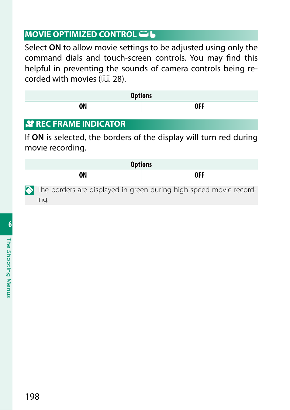 Movie optimized control, Rec frame indicator | FujiFilm X-T5 Mirrorless Camera (Silver) User Manual | Page 224 / 432