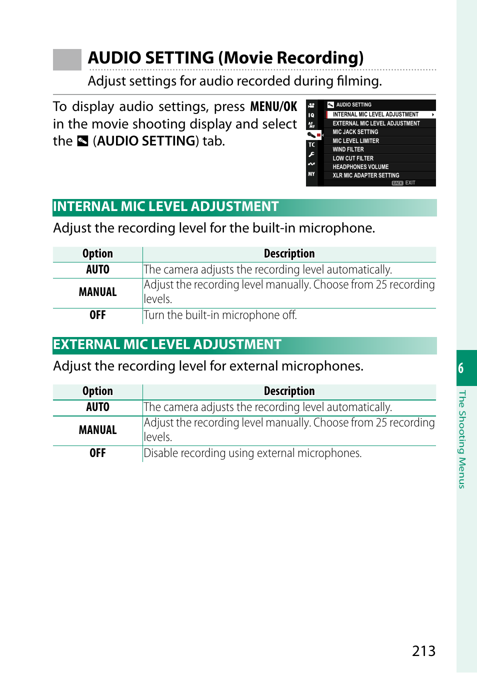Audio setting (movie recording), Internal mic level adjustment, External mic level adjustment | FujiFilm X-T5 Mirrorless Camera (Silver) User Manual | Page 239 / 432