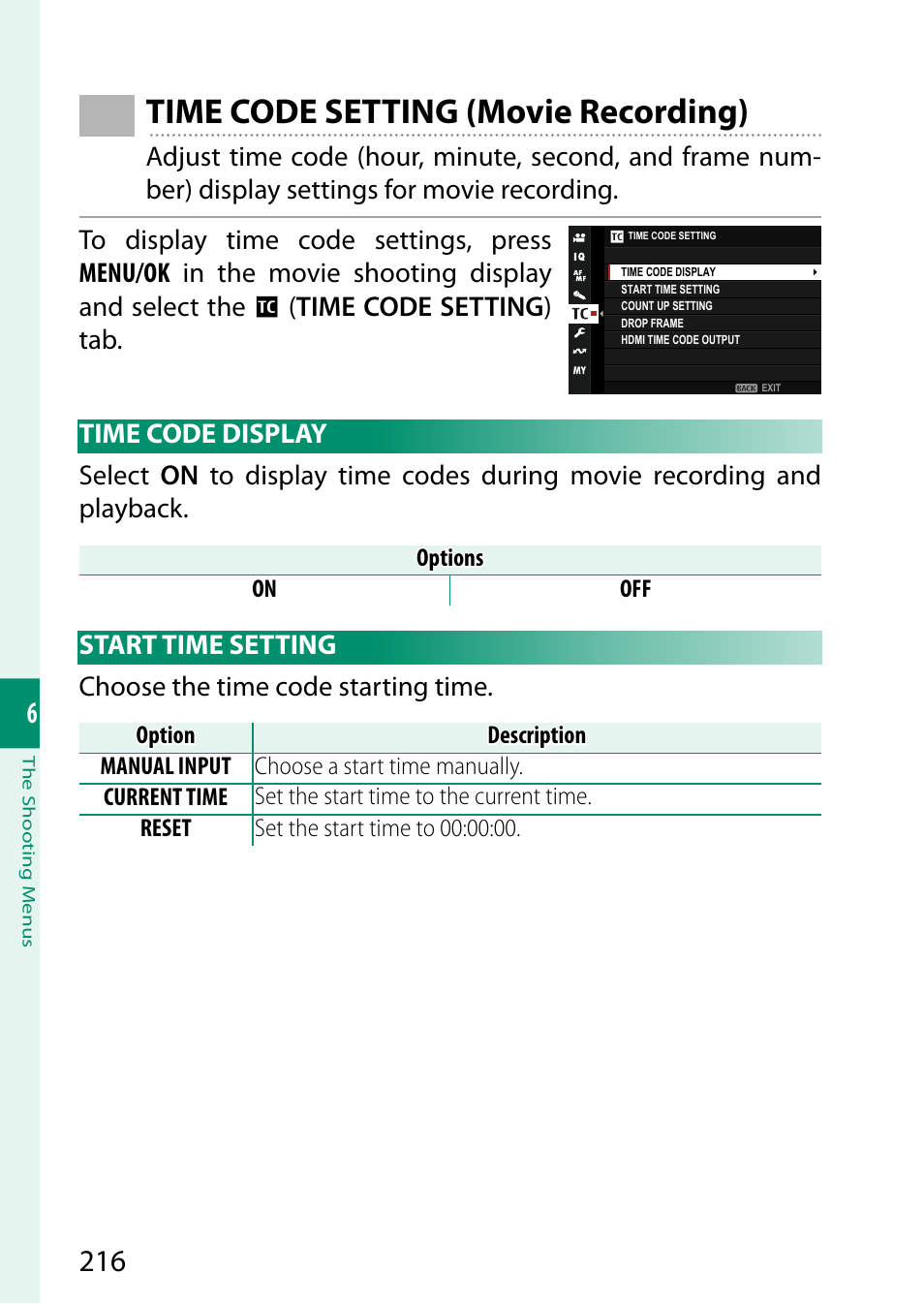 Time code setting (movie recording), Time code display, Start time setting | Time code display start time setting | FujiFilm X-T5 Mirrorless Camera (Silver) User Manual | Page 242 / 432