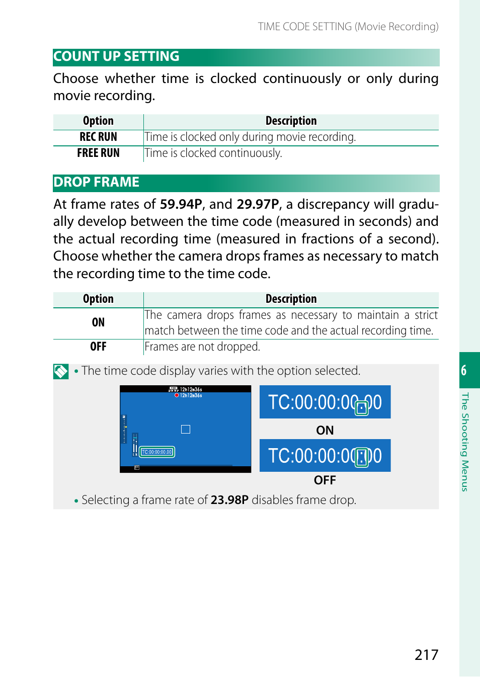 Count up setting, Drop frame, Count up setting drop frame | FujiFilm X-T5 Mirrorless Camera (Silver) User Manual | Page 243 / 432