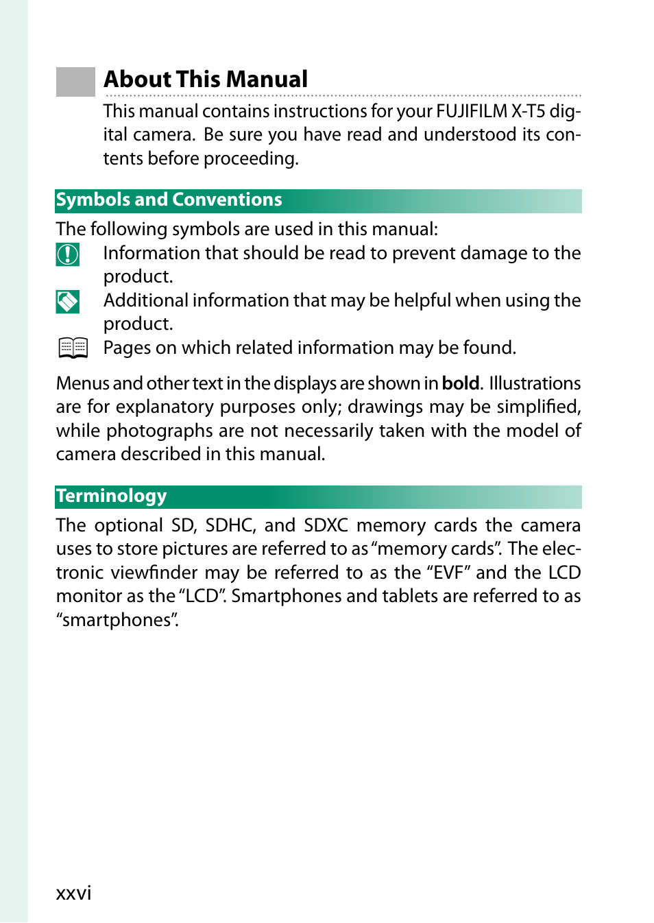 About this manual, Symbols and conventions, Terminology | FujiFilm X-T5 Mirrorless Camera (Silver) User Manual | Page 26 / 432
