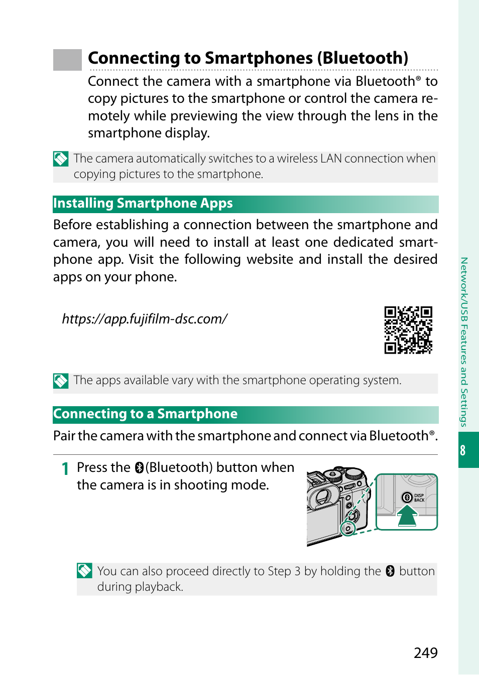 Connecting to smartphones (bluetooth), Installing smartphone apps, Connecting to a smartphone | FujiFilm X-T5 Mirrorless Camera (Silver) User Manual | Page 275 / 432
