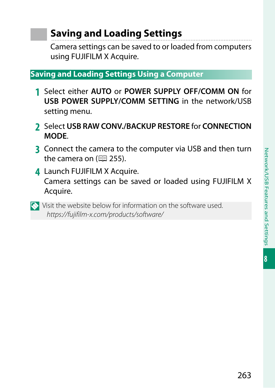 Saving and loading settings, Saving and loading settings using a computer | FujiFilm X-T5 Mirrorless Camera (Silver) User Manual | Page 289 / 432