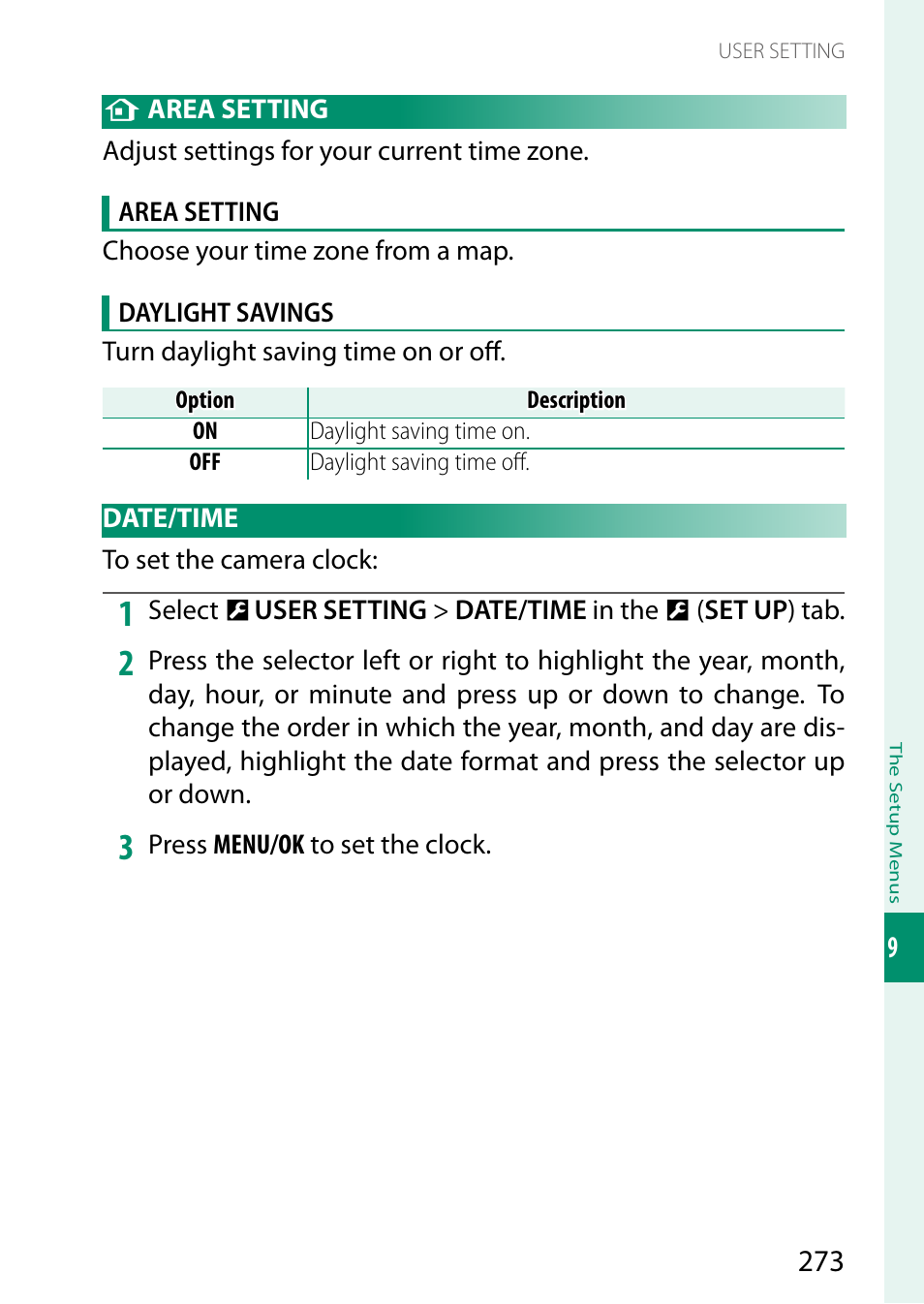 Area setting, Date/time | FujiFilm X-T5 Mirrorless Camera (Silver) User Manual | Page 299 / 432