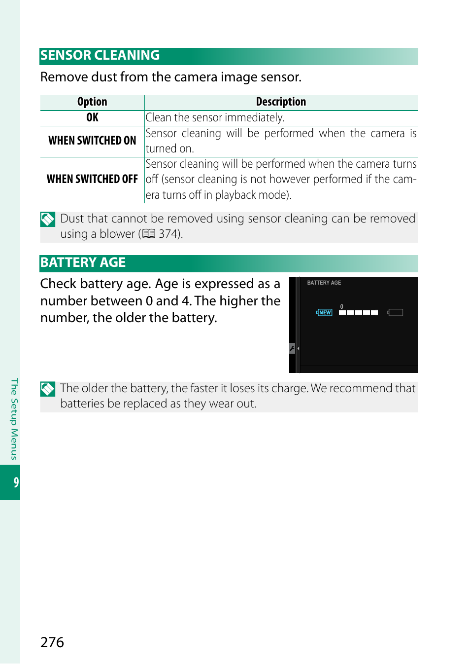 Sensor cleaning, Battery age, Sensor cleaning battery age | FujiFilm X-T5 Mirrorless Camera (Silver) User Manual | Page 302 / 432