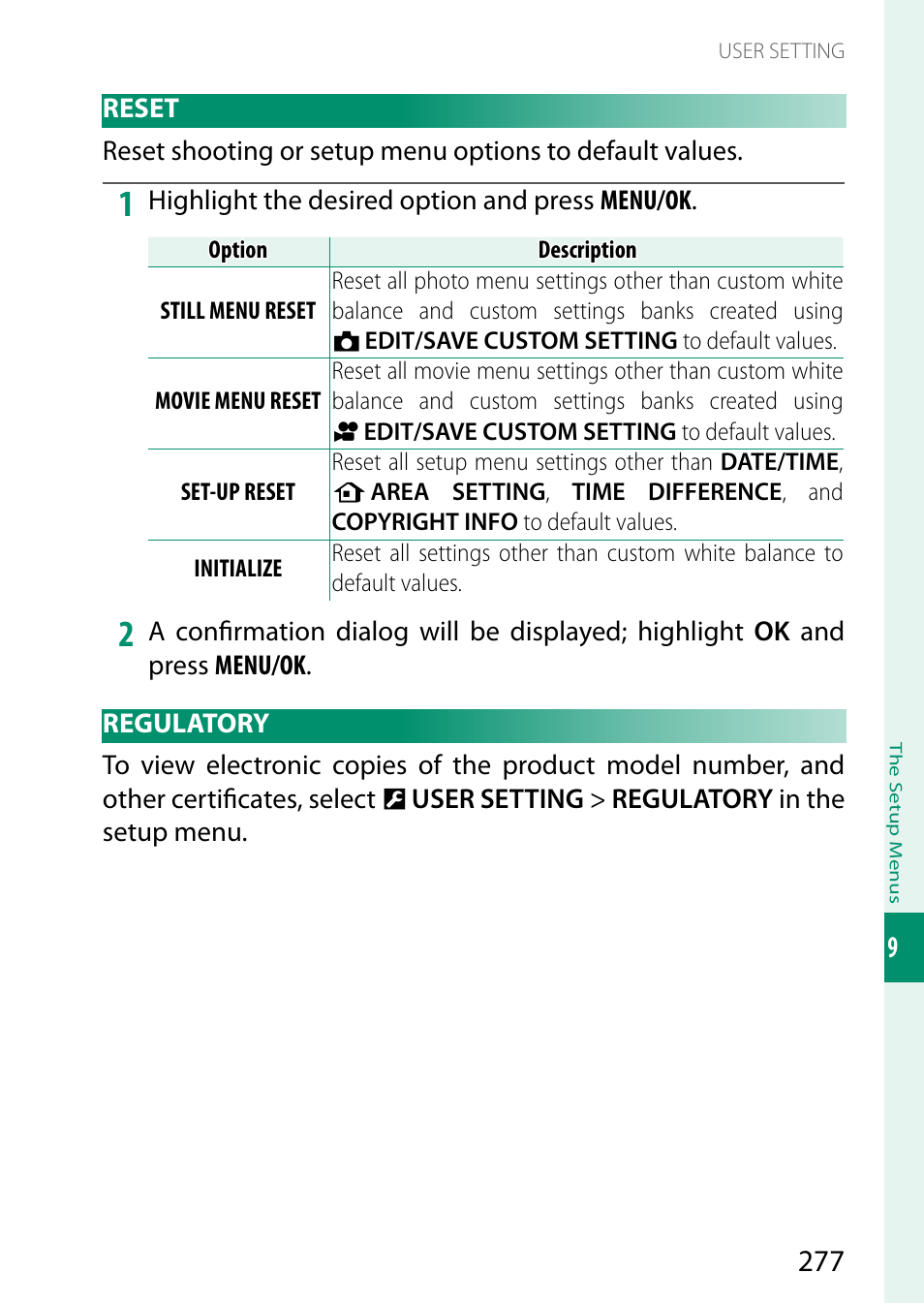 Reset, Regulatory, Reset regulatory | FujiFilm X-T5 Mirrorless Camera (Silver) User Manual | Page 303 / 432