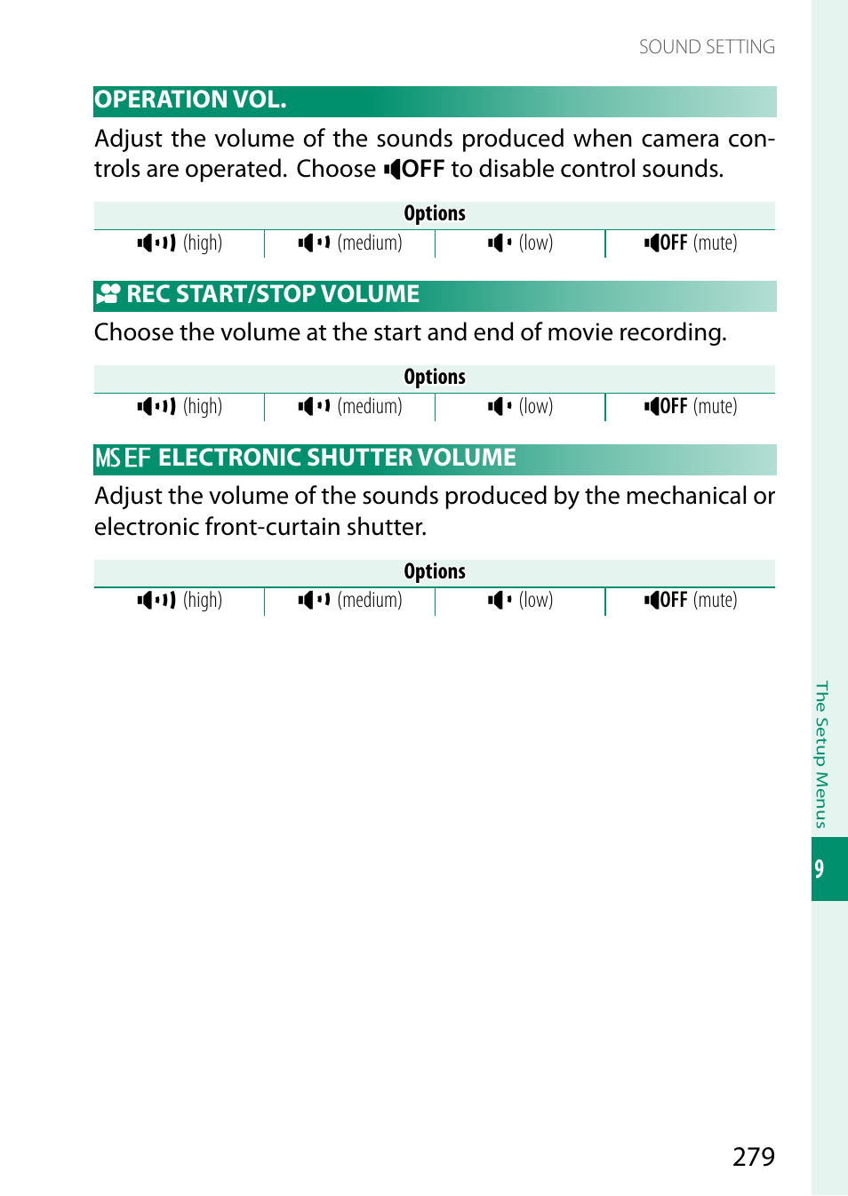Operation vol, Rec start/stop volume, Electronic shutter volume | FujiFilm X-T5 Mirrorless Camera (Silver) User Manual | Page 305 / 432