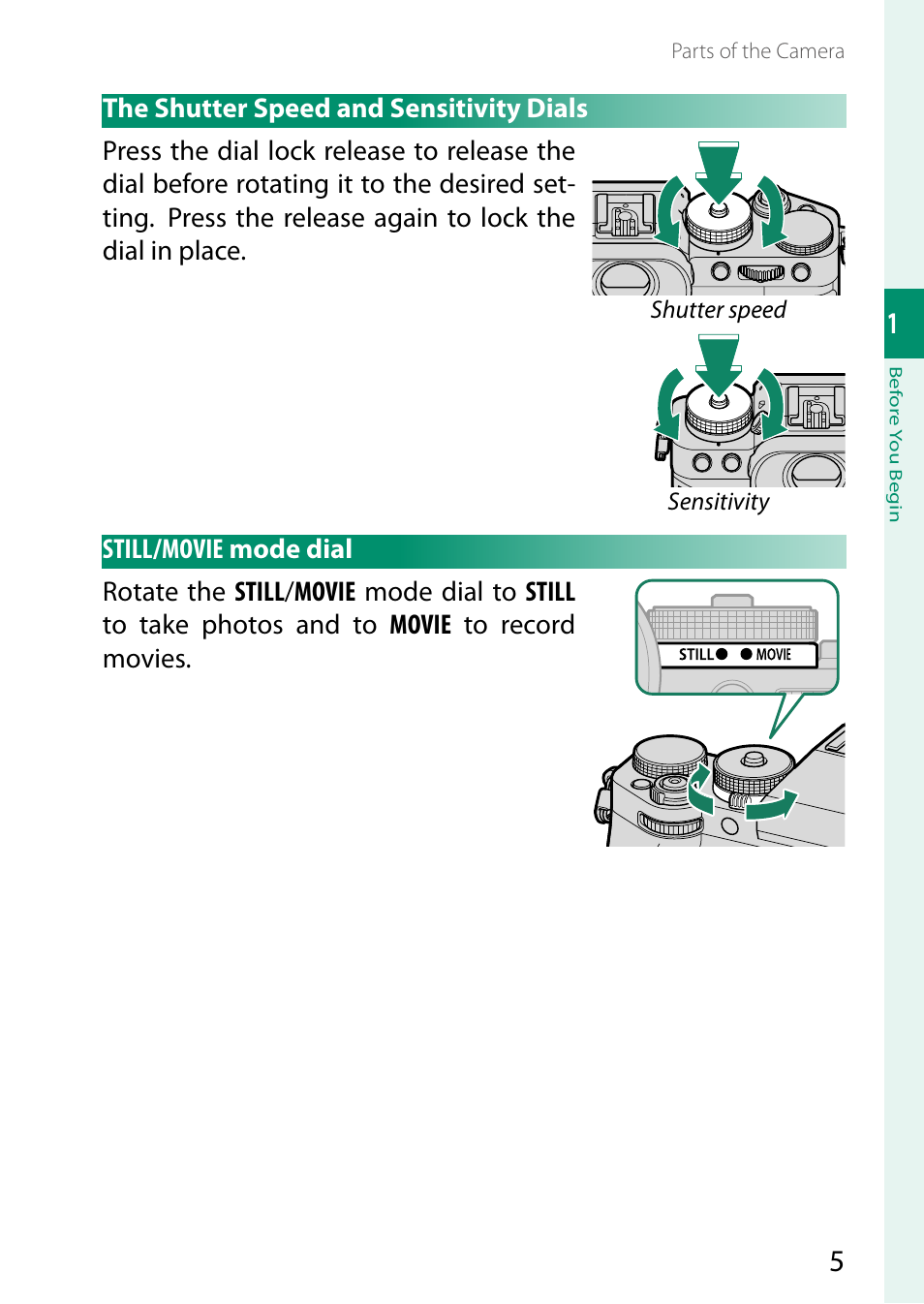 The shutter speed and sensitivity dials, Still/movie mode dial, Still | Movie, Mode dial | FujiFilm X-T5 Mirrorless Camera (Silver) User Manual | Page 31 / 432