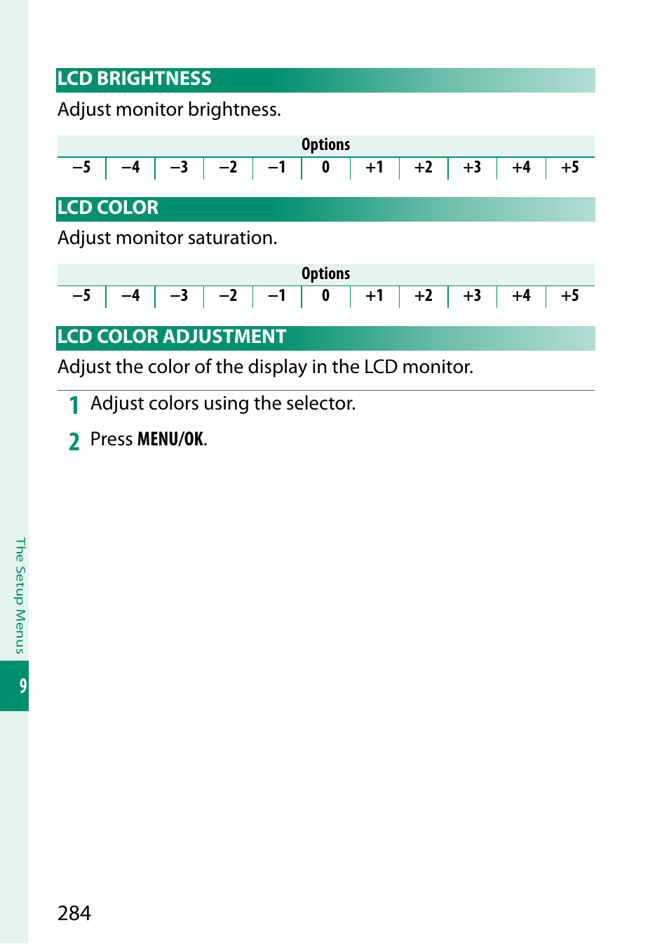 Lcd brightness, Lcd color, Lcd color adjustment | Lcd brightness lcd color lcd color adjustment | FujiFilm X-T5 Mirrorless Camera (Silver) User Manual | Page 310 / 432