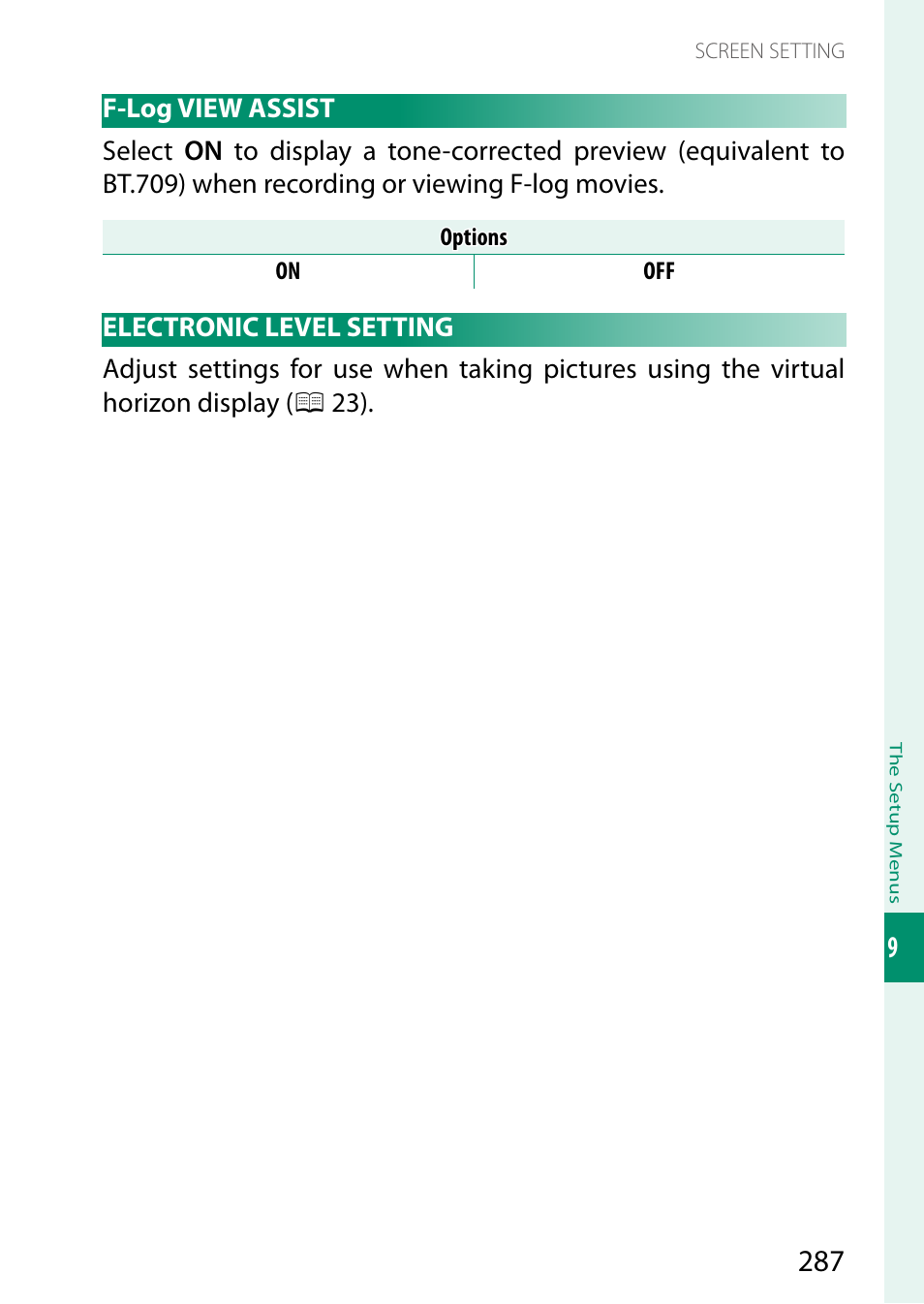 F-log view assist, Electronic level setting, F-log view assist electronic level setting | FujiFilm X-T5 Mirrorless Camera (Silver) User Manual | Page 313 / 432