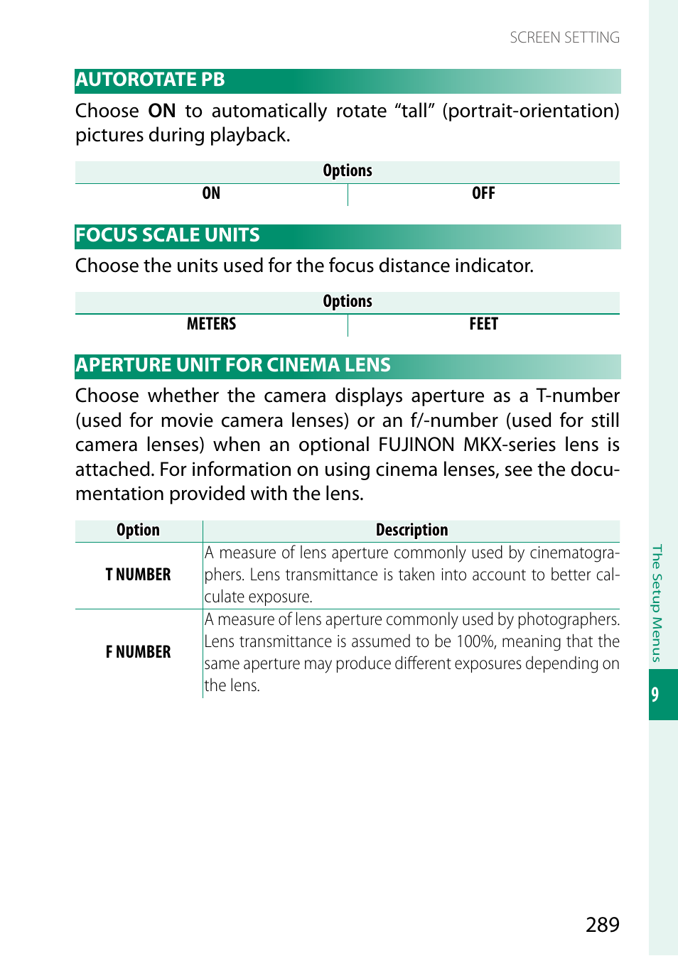 Autorotate pb, Focus scale units, Aperture unit for cinema lens | FujiFilm X-T5 Mirrorless Camera (Silver) User Manual | Page 315 / 432